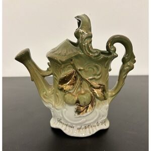 Green White‎ Gold Floral Ceramic Teapot, Glossy Decorative Flower Theme